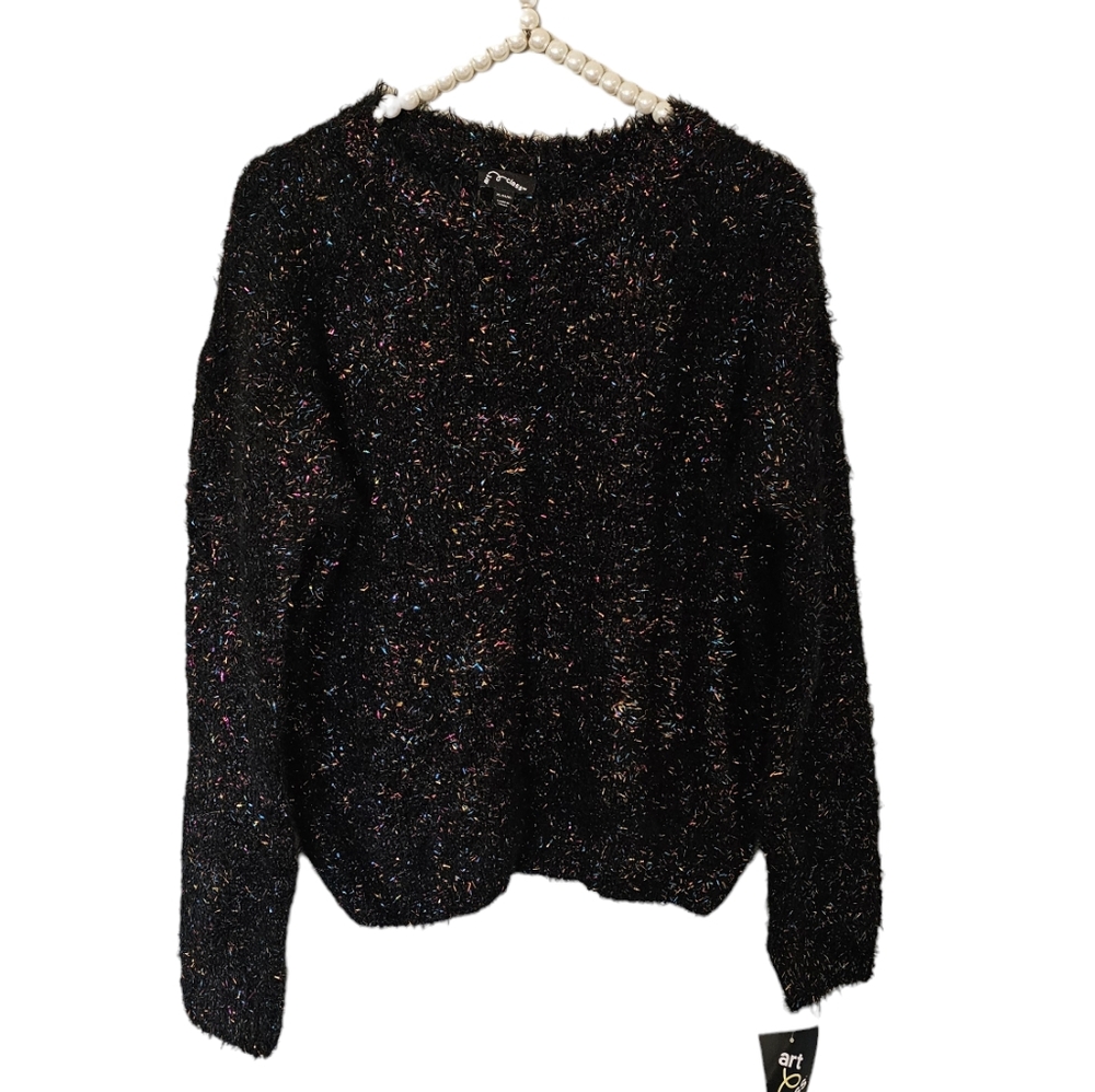 art class rainbow tinsel black sweater Size XL 14-16